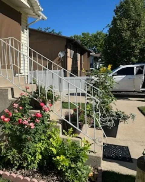 Front steps with a white railing framed by rose bushes