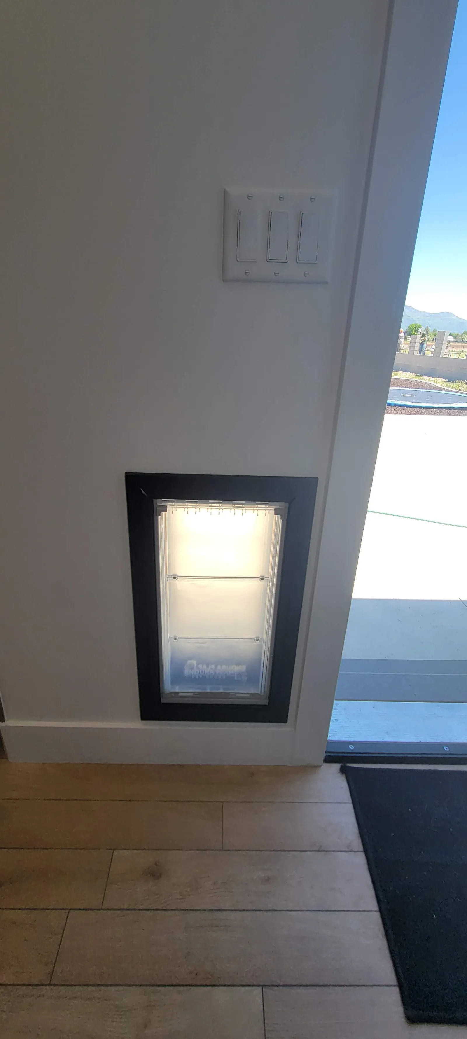 Pet door installed in an interior wall above wood-look flooring