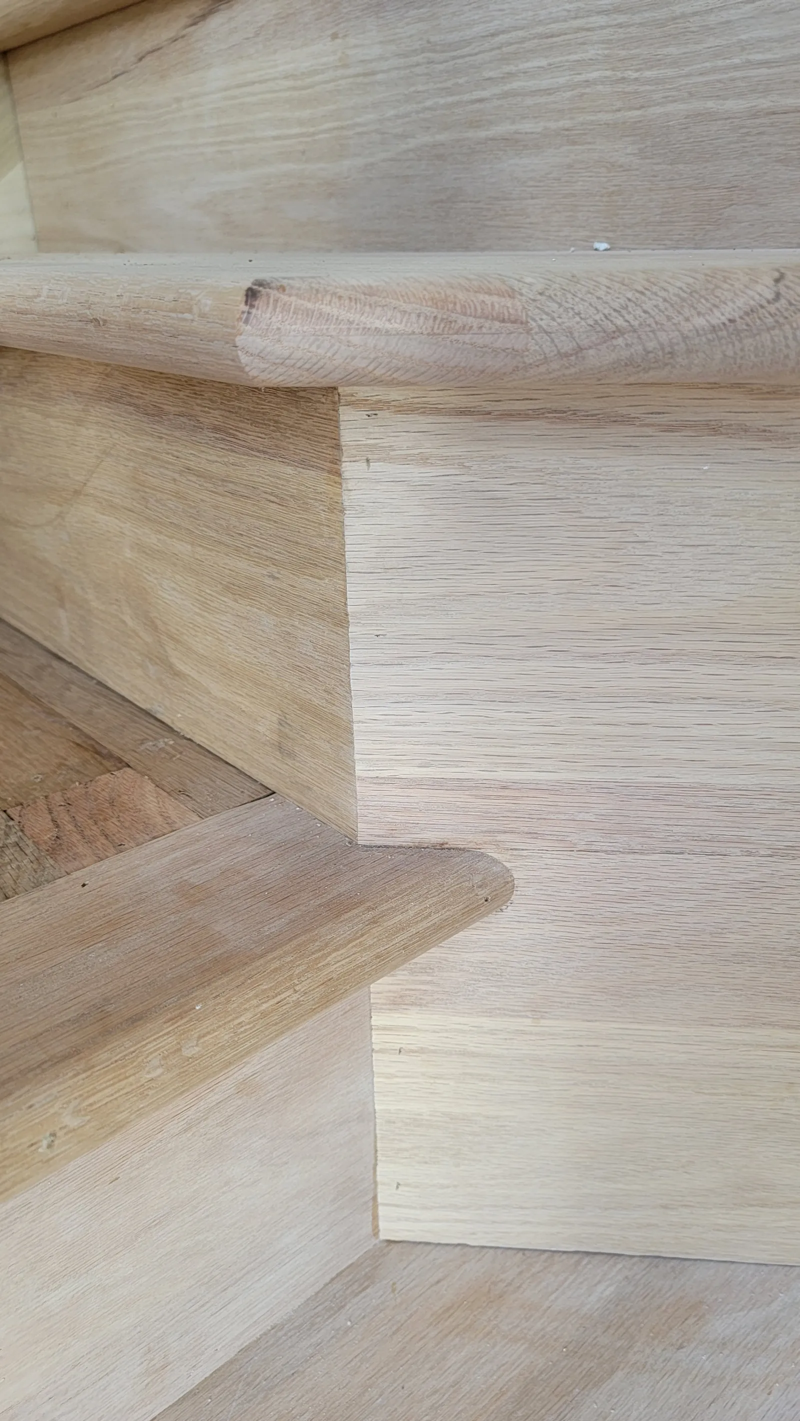 Close-up of newly installed wood stair treads